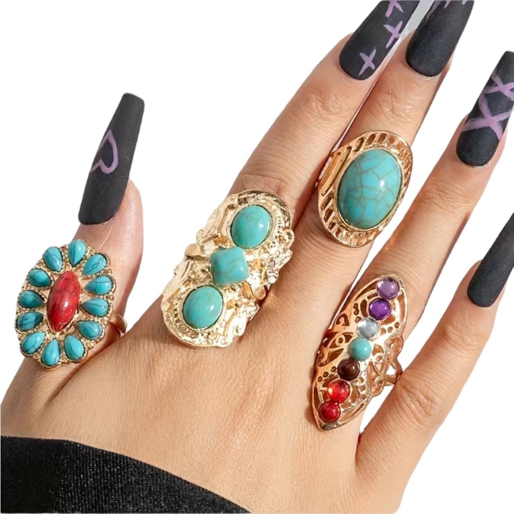 Boho Style Gold and Turquoise Stackable Ring Set